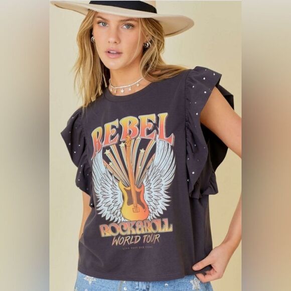 020. EMBELLISHED REBEL RUFFLE SLEEVE TOP - Picture 1 of 8
